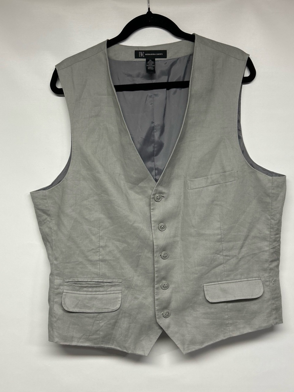 INC International Concepts Gray Linen Blend Vest with Satin Lining